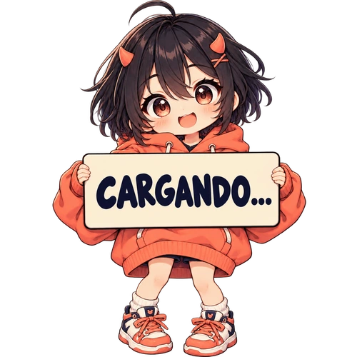 Personaje chibi sujetando un cartel que dice CARGANDO...